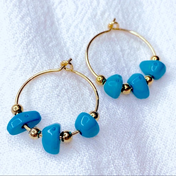❣️$25/3❣️ Blue & Gold Beads Hoop Earrings - Picture 3 of 7